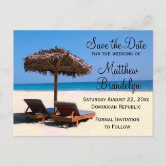 Hochzeit in Urlaubsort der Strandstühle Save the D Ankündigungspostkarte