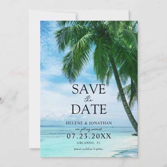 Hochzeit in Urlaubsort des tropischen Palmenhains Save The Date (Vorderseite)