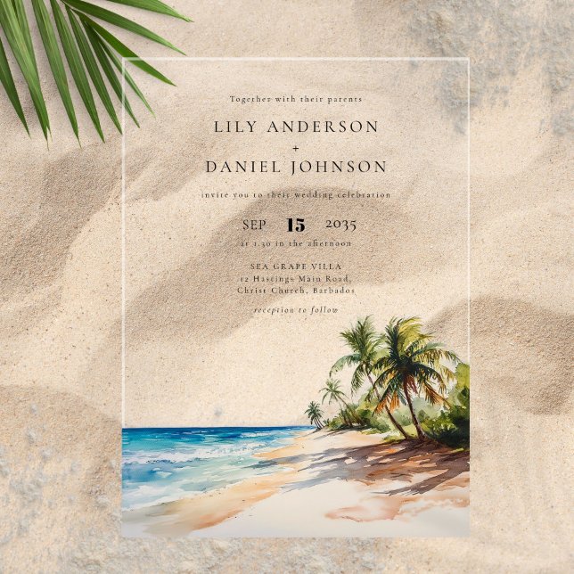 Hochzeit in Urlaubsort des tropischen Strandes Acryleinladungen (Watercolor Tropical Beach Destination Wedding Acrylic Invitations)