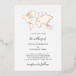 Hochzeit in Urlaubsort   Elegante World Map Rose G Folieneinladung
