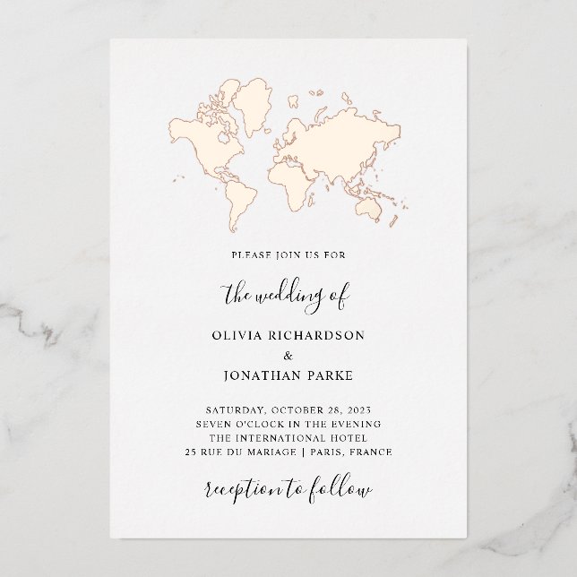 Hochzeit in Urlaubsort | Elegante World Map Rose G Folieneinladung (Vorderseite)