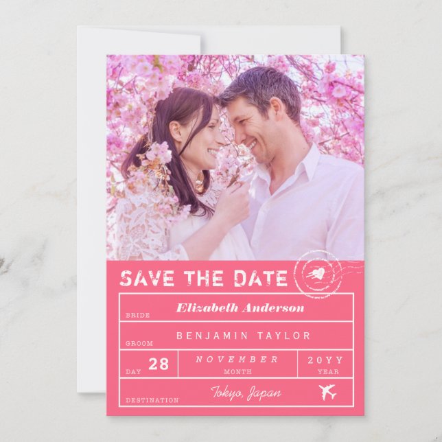 Hochzeit in Urlaubsort Fuchsia Pink Gepäckstück Ta Save The Date (Vorderseite)
