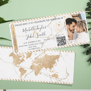 Hochzeit in Urlaubsort Gold Boarding Pass QR Code Einladung