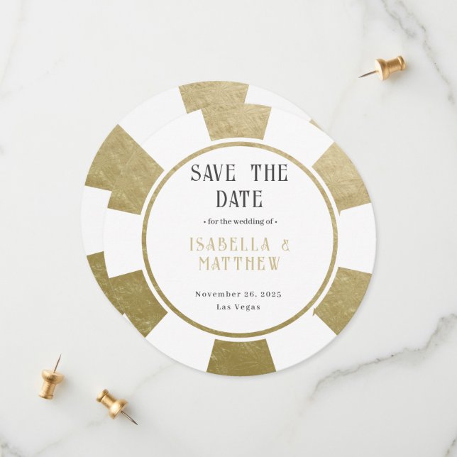 Hochzeit in Urlaubsort Gold Poker Chip Save The Date (Vorderseite/Rückseite Beispiel)