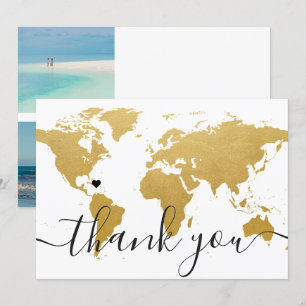 Hochzeit in Urlaubsort Gold World Map Wedding Foto Dankeskarte