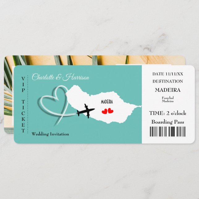 Hochzeit in Urlaubsort MadeiraTicket Boarding Pass Einladung (Vorne/Hinten)
