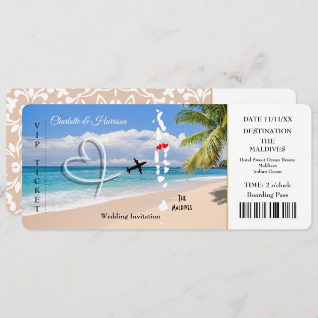 Hochzeit in Urlaubsort Maldives Ticket  Einladung (Vorne/Hinten)