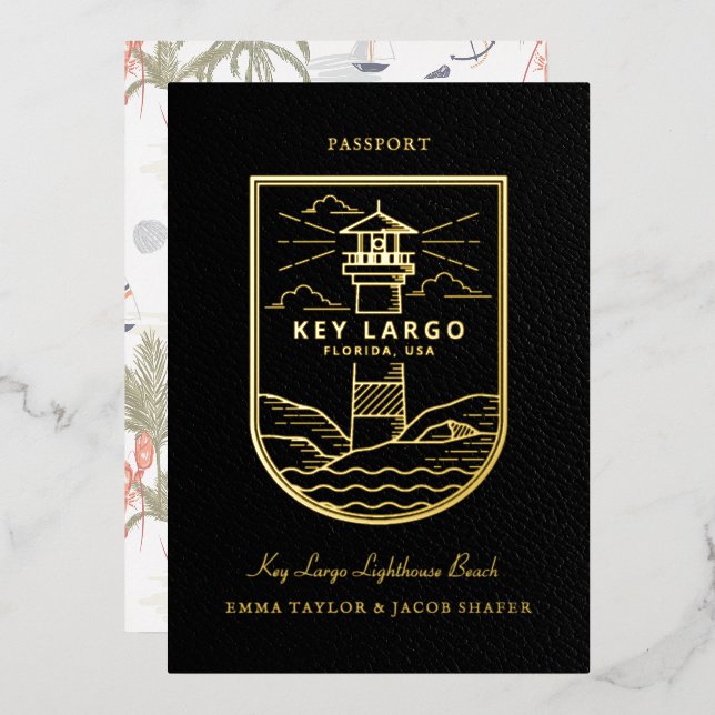 Hochzeit in Urlaubsort - Pass Save the Date Folieneinladung (Vorderseite/Rückseite)