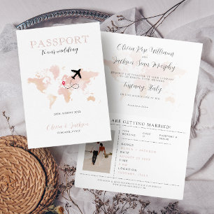 Hochzeit in Urlaubsort Passport Blush Pink Weltkar Einladung