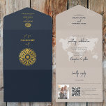 Hochzeit in Urlaubsort Passport Compass Hochzeit All In One Einladung<br><div class="desc">Eine marineblaue Hochzeit in Urlaubsort Passgestaltung mit goldenem Kompass und Reiseelementen. Dieses Design ist ideal für alle Frühlings-, Sommer-, Herbst- und Winter-Hochzeiten in Urlaubsort. Ein elegantes marineblau-goldenes Hochzeitsreisedesign mit Passlayout, Weltkarte und individuellem Foto. Eine moderne Hochzeit in Urlaubsort lädt zum Design mit eleganten Elementen. Es stehen auch passende Hochzeitsstilleriedateien und...</div>