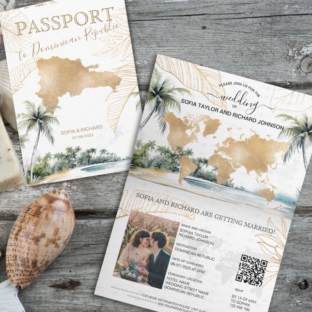 Hochzeit in Urlaubsort-Passport der Dominikanische Einladung (dominican republic golden map and watercolor palm trees and beach passport wedding invitation)