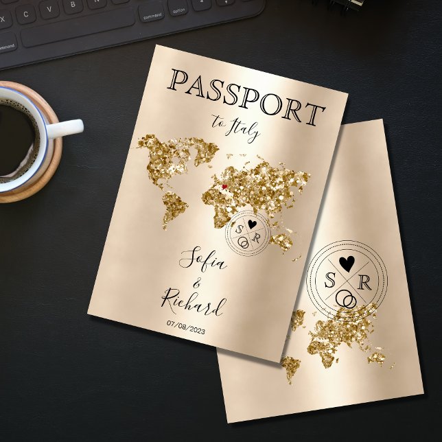 Hochzeit in Urlaubsort Passport Gold Weltkarte Bla Einladung (Von Creator hochgeladen)