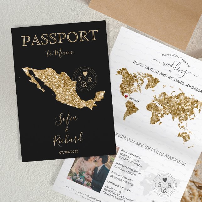 Hochzeit in Urlaubsort Passport Gold Weltkarte Mex Einladung (gold glitter and black passport)