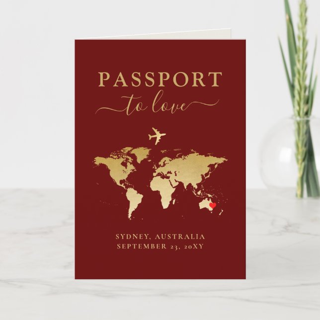 Hochzeit in Urlaubsort Passport Red Gold Karte + H (Vorderseite)