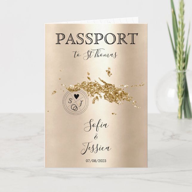 Hochzeit in Urlaubsort Passport Weltkarte St. Thom Einladung (Vorderseite)