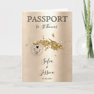 Hochzeit in Urlaubsort Passport Weltkarte St. Thom Einladung