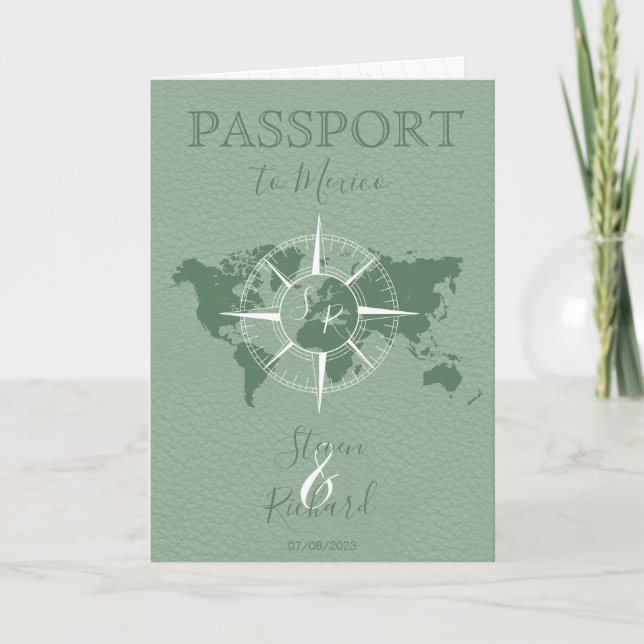 Hochzeit in Urlaubsort Passport Weltkarte zwei Räu Einladung (Vorderseite)
