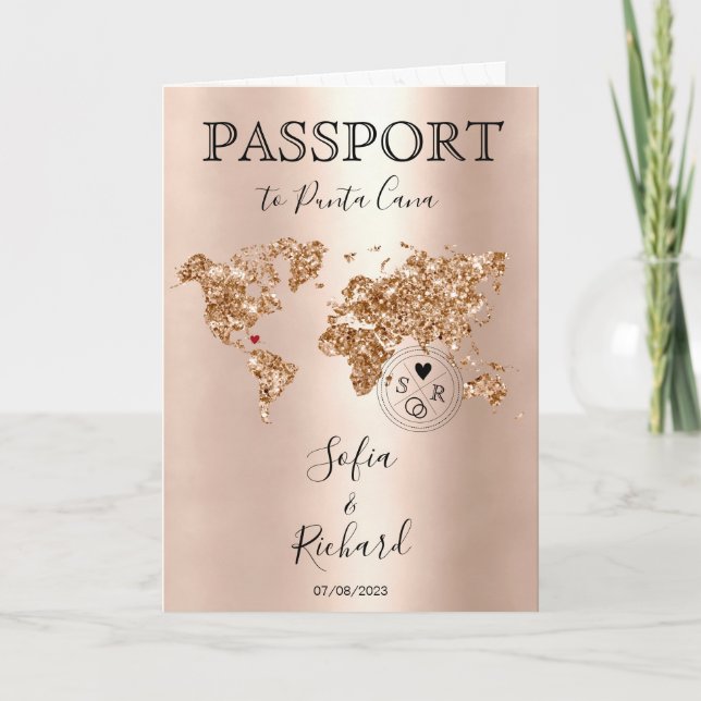 Hochzeit in Urlaubsort Passport World Map Glitzer Einladung (Vorderseite)
