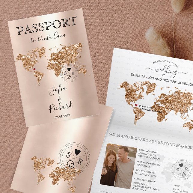 Hochzeit in Urlaubsort Passport World Map Glitzer Einladung (Von Creator hochgeladen)