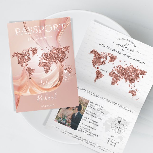 Hochzeit in Urlaubsort Passport World Map Rose Gol Einladung (blush pink glitter passport wedding)