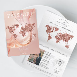 Hochzeit in Urlaubsort Passport World Map Rose Gol Einladung