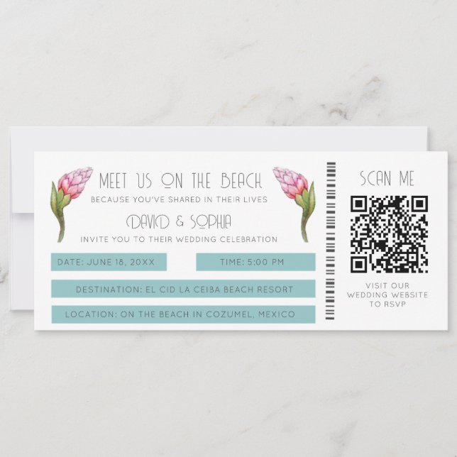 Hochzeit in Urlaubsort QR Code Boarding Pass Einladung (Vorderseite)