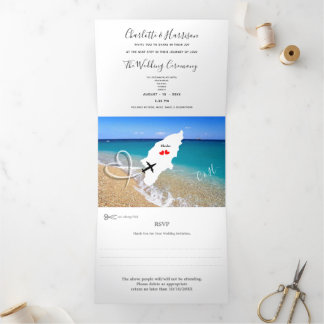 Hochzeit in Urlaubsort Rhodes Griechenland Ticket Dreifach Gefaltete Einladung