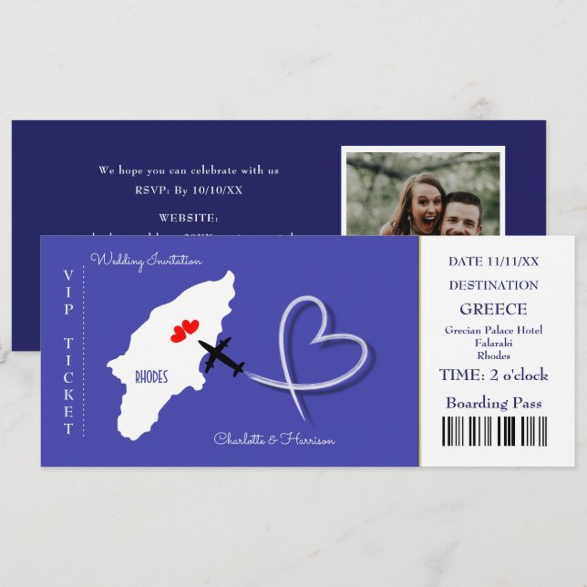 Hochzeit in Urlaubsort Rhodes Griechenland Ticket Einladung (Vorne/Hinten)