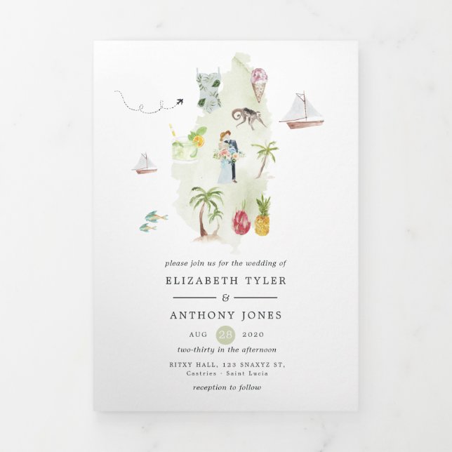 Hochzeit in Urlaubsort Saint Lucia Dreifach Gefaltete Karte