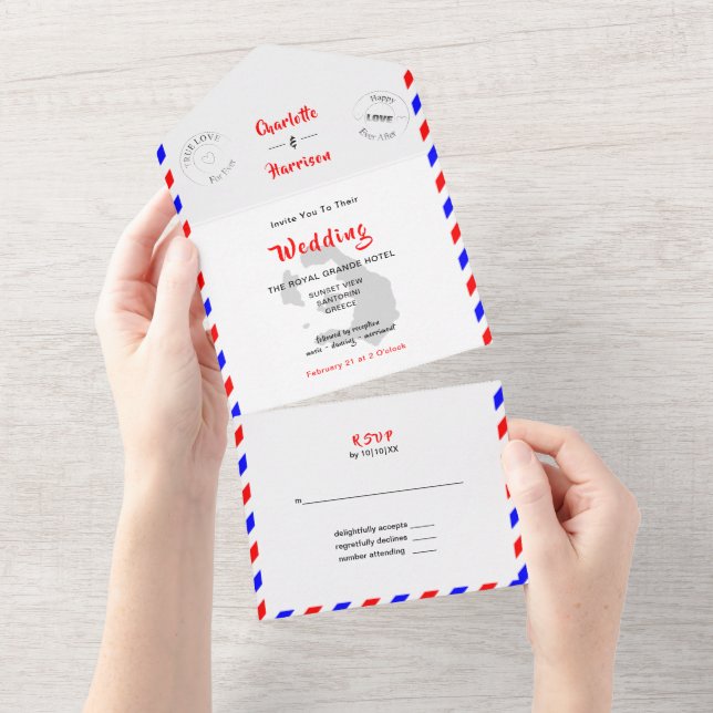 Hochzeit in Urlaubsort Santorini Griechenland Luft All In One Einladung (Abreißen)