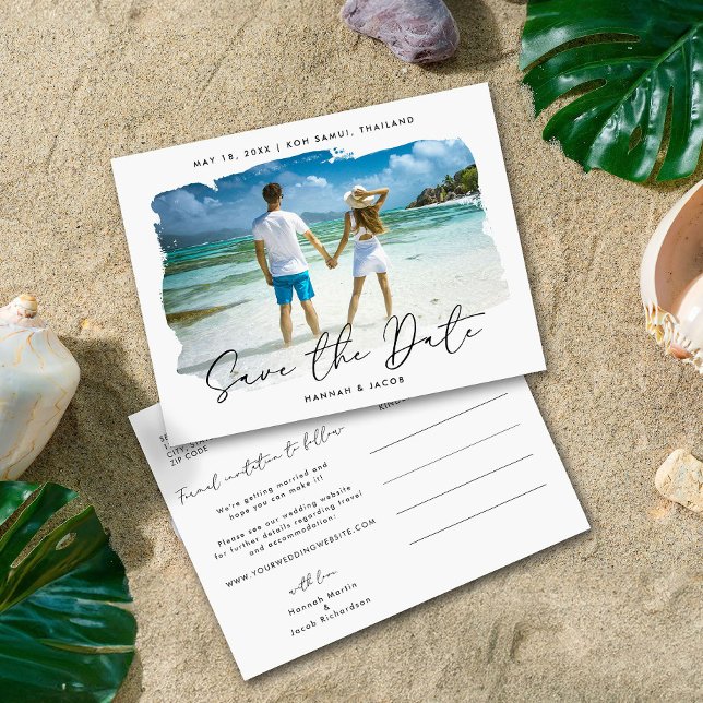 Hochzeit in Urlaubsort Save the Date Ankündigungspostkarte (Von Creator hochgeladen)