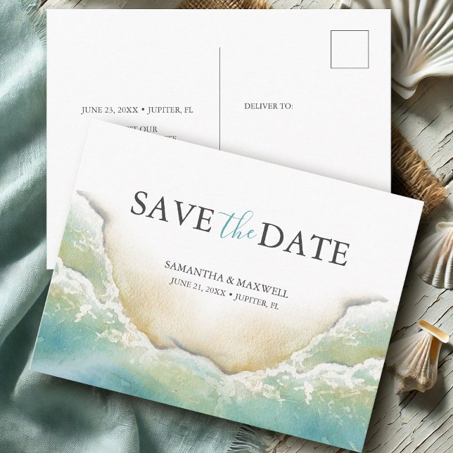 Hochzeit in Urlaubsort Save the Date Postkarte (Destination save the date postcards watercolor beach art by Victoria Grigaliunas Do Tell A Belle)