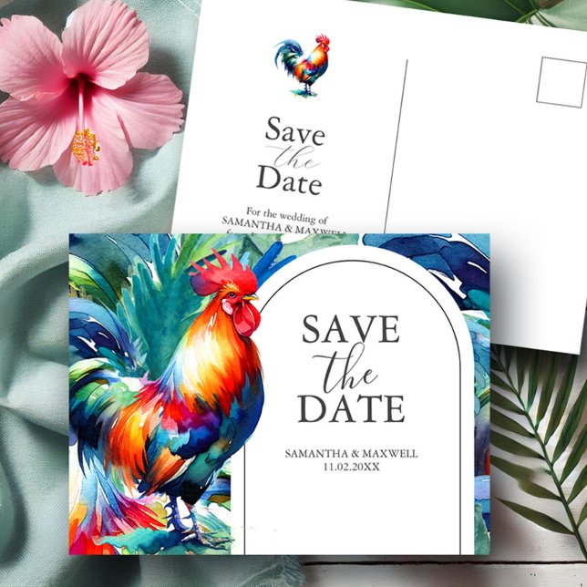 Hochzeit in Urlaubsort Save the Date Postkarten (Tropical destination wedding save the date postcards key west watercolor rooster Do Tell A Belle)