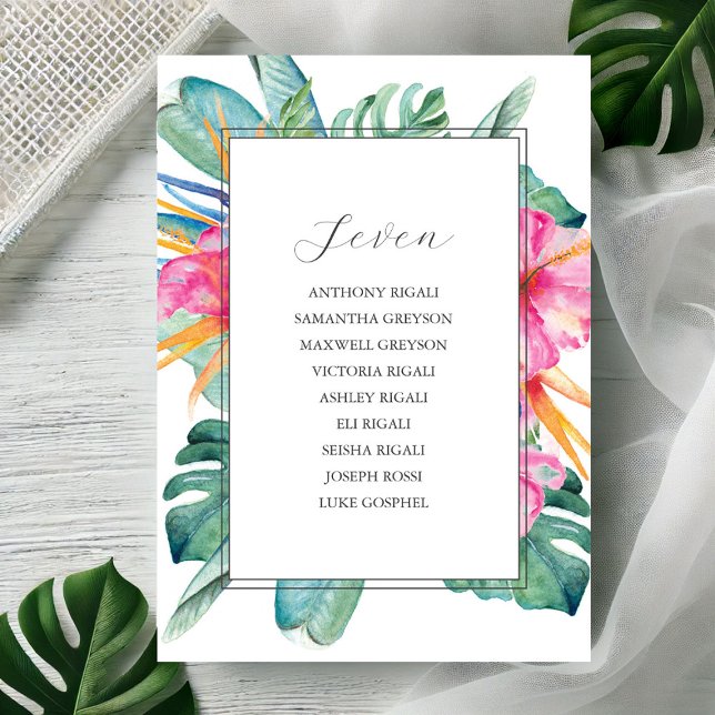Hochzeit in Urlaubsort-Seekartenvorlage Einladung (Seating chart watercolor tropical flowers & palm leaves by Victoria Grigaliunas Do Tell A Belle)