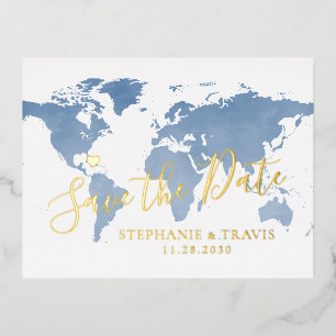 Hochzeit in Urlaubsort World Map Blue Save the Dat Folie Einladungspostkarte