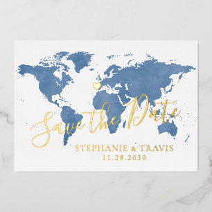 Hochzeit in Urlaubsort World Map Blue Save the Dat Folieneinladung
