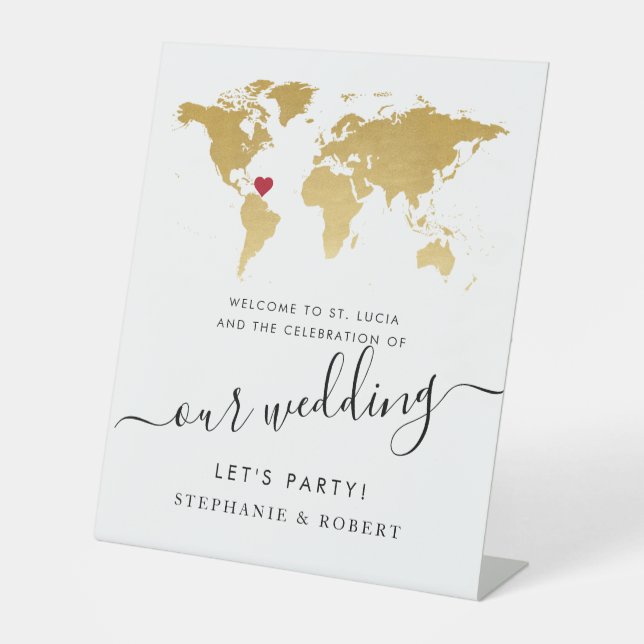 Hochzeit in Urlaubsort World Map Gold Willkommen Sockelschild (Vorderseite)