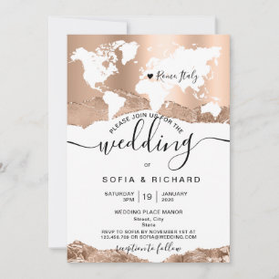 Hochzeit in Urlaubsort World Map Rose Gold Einladung