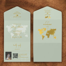 Hochzeit in Urlaubsort World Passport Sage Green G All In One Einladung