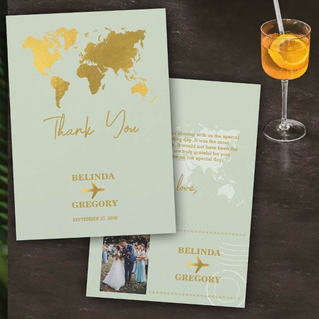 Hochzeit in Urlaubsort World Passport Sage Green G Dankeskarte (Destination Wedding World Passport Sage Green Gold Thank You Card)