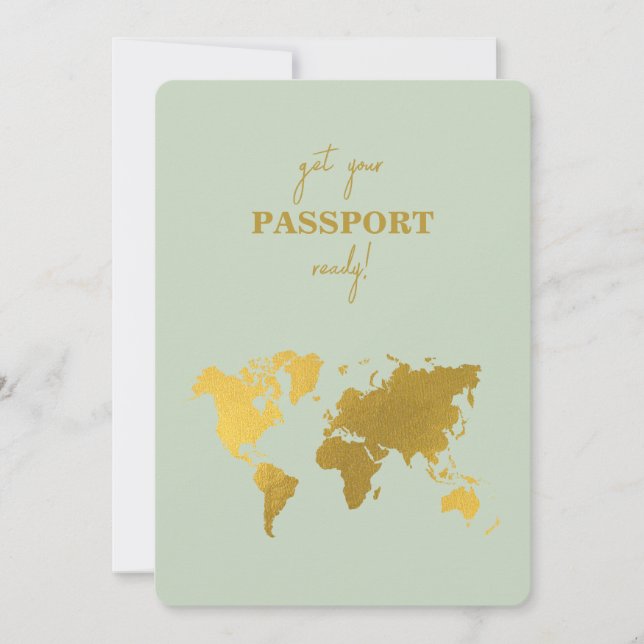 Hochzeit in Urlaubsort World Passport Sage Green G Einladung (Vorderseite)
