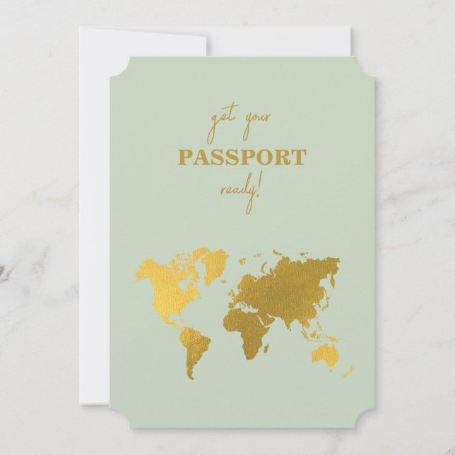 Hochzeit in Urlaubsort World Passport Sage Green G Einladung (Vorderseite)