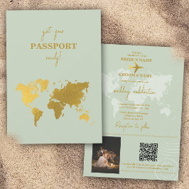 Hochzeit in Urlaubsort World Passport Sage Green G Einladung