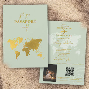 Hochzeit in Urlaubsort World Passport Sage Green G Einladung
