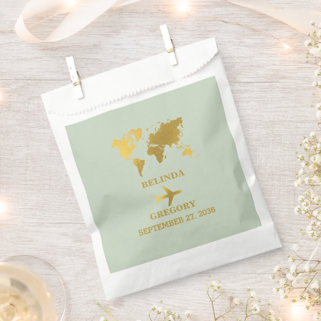 Hochzeit in Urlaubsort World Passport Sage Green G Geschenktütchen (Ausgeschnitten)