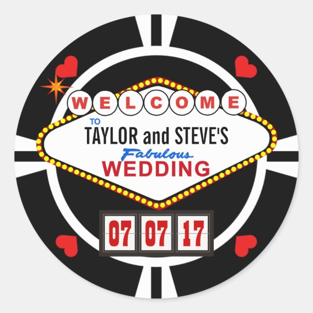 Hochzeit in Vegas Casino Gefallen Poker Chip Runder Aufkleber (Vorderseite)