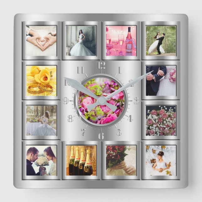 Hochzeit, Jahrestag, Special Event Silver Collage Quadratische Wanduhr (Vorderseite)