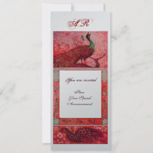Hochzeit Liebe Pfauen Monogramm rot silber metalli Einladung