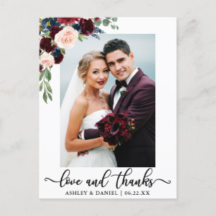 Hochzeit Liebe und Dank an Burgundy Blue Floral Postkarte
