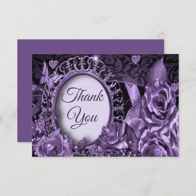 Hochzeit Lila Blumenrahmen Elegant Vintag Dankeskarte (Vorne/Hinten)